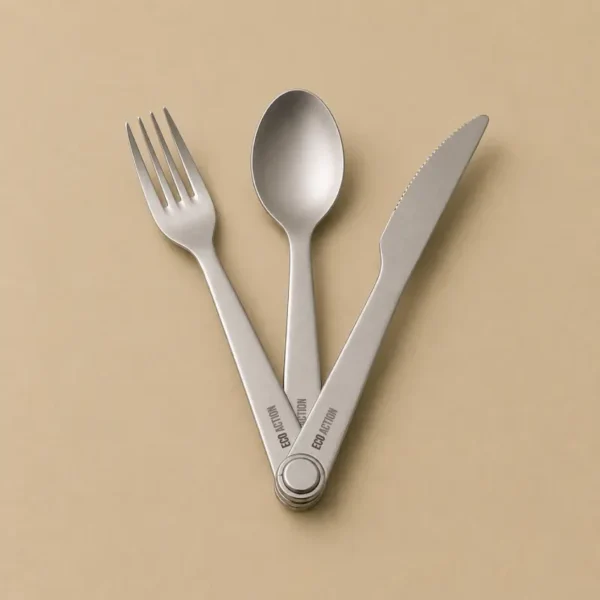 Kit couverts réutilisables Eco Action avec pochette de transport, paille inox et accessoires.