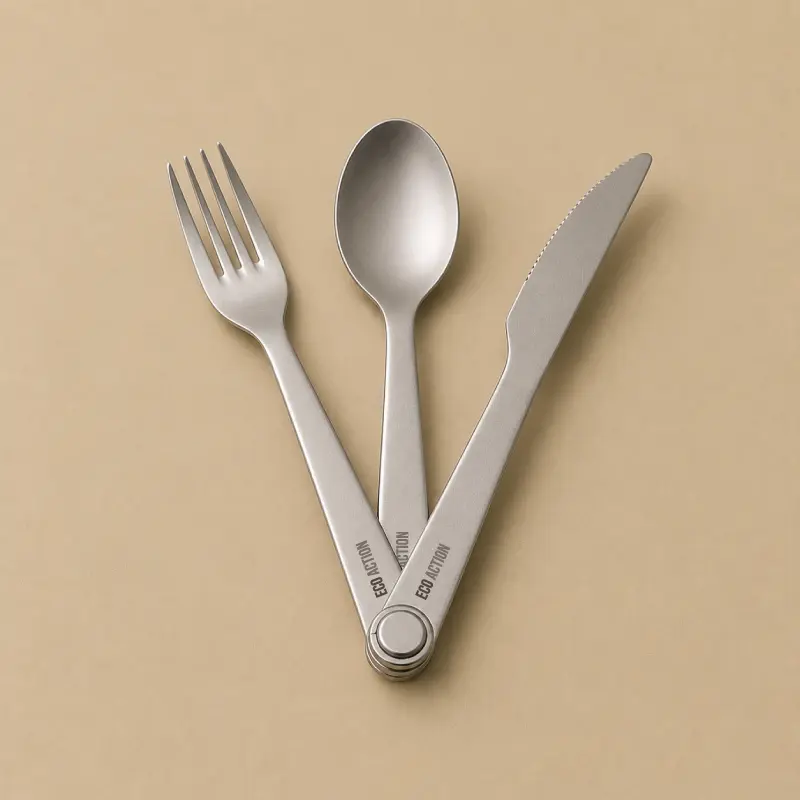 Kit couverts réutilisables Eco Action avec pochette de transport, paille inox et accessoires.