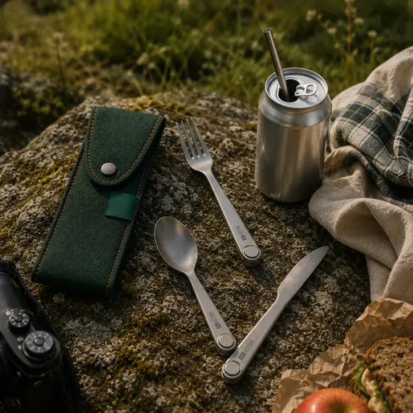Kit couverts réutilisables Eco Action avec pochette de transport, paille inox et accessoires.