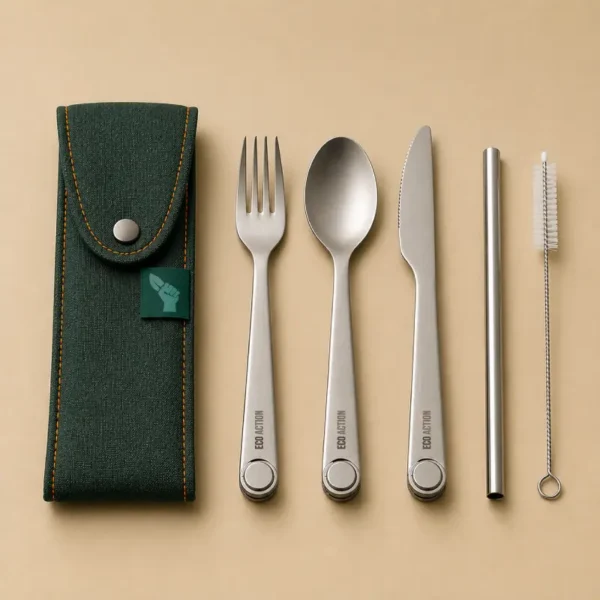 Kit couverts réutilisables Eco Action avec pochette de transport, paille inox et accessoires.