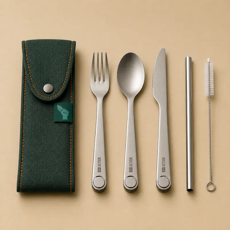 Kit couverts réutilisables Eco Action avec pochette de transport, paille inox et accessoires.