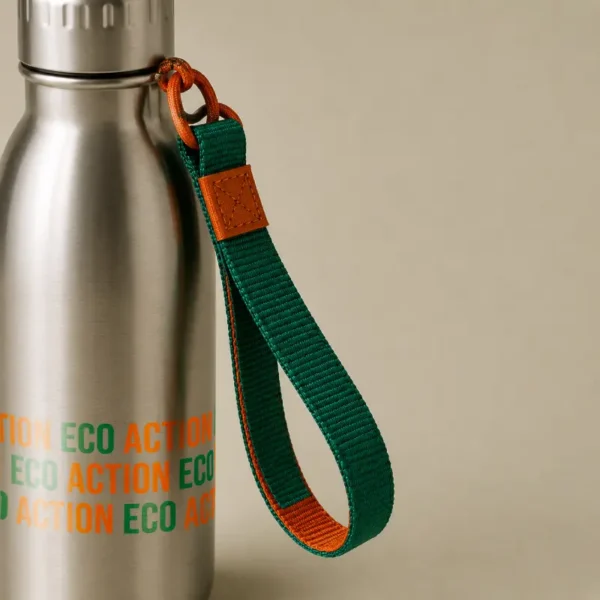 Gourde réutilisable Eco Action en acier inoxydable avec dragonne de transport.