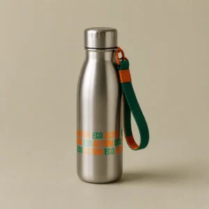 Gourde réutilisable Eco Action en acier inoxydable avec dragonne de transport.