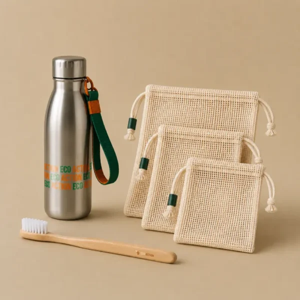 Pack Famille Eco Action avec gourde inox, brosse à dents écologique et sacs à vrac réutilisables.