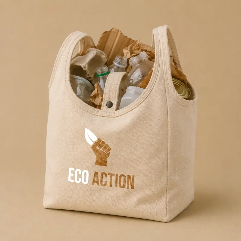 Sac de collecte Eco Action rempli de déchets recyclables et matériaux à trier.