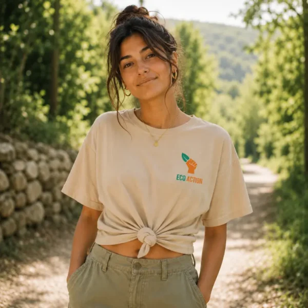 T-shirt Eco Action écru avec logo poitrine et illustration écoresponsable au dos.