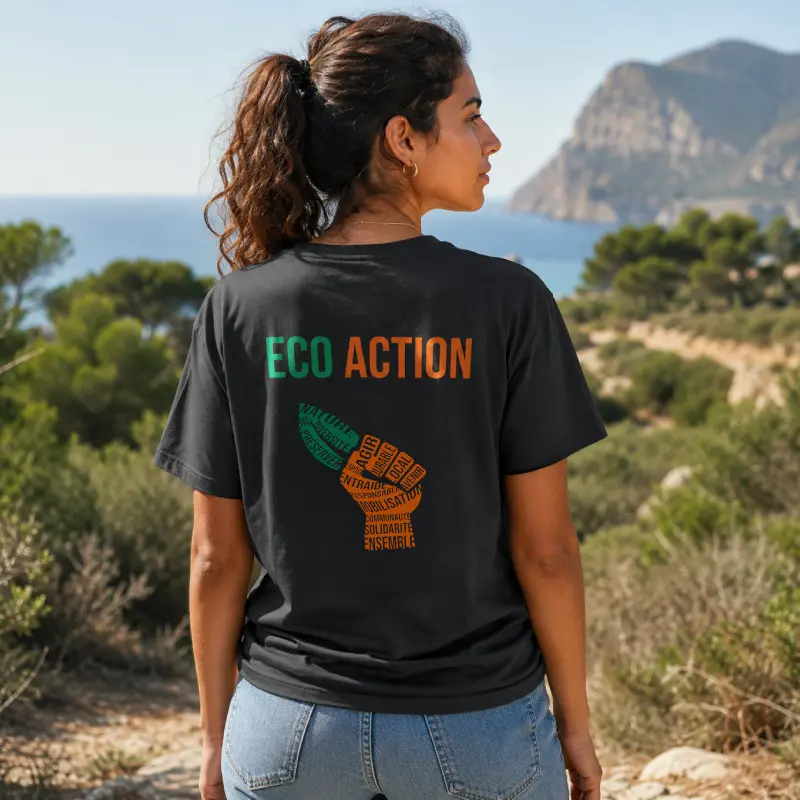 T-shirt Eco Action noir avec logo poitrine vert et orange et illustration écologique au dos.