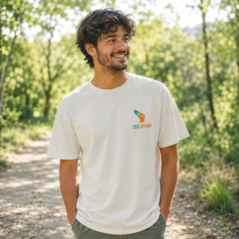 T-shirt Eco Action blanc en coton avec logo poitrine écologique et visuel engagé au dos représentant une main composée de mots liés au développement durable.