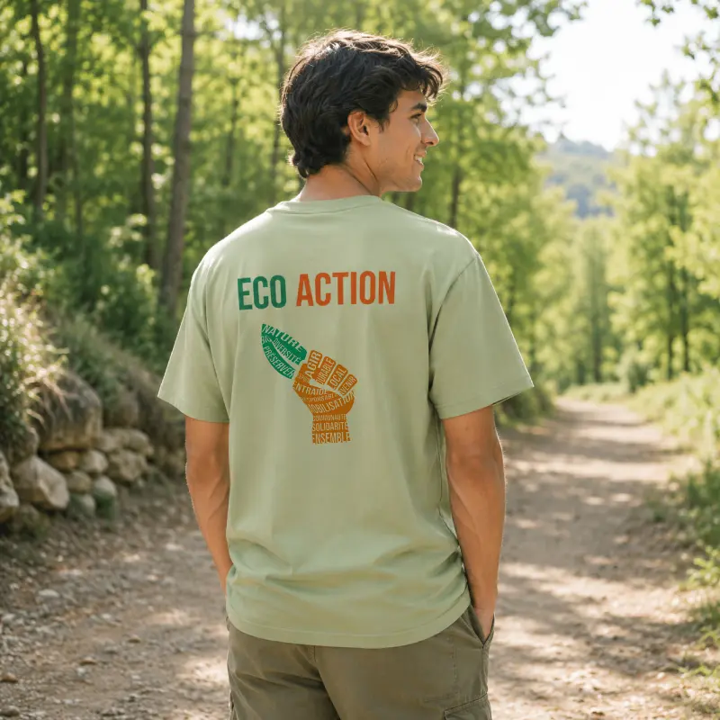 T-shirt Eco Action vert sauge avec motif écologique imprimé devant et grand visuel responsable au dos.